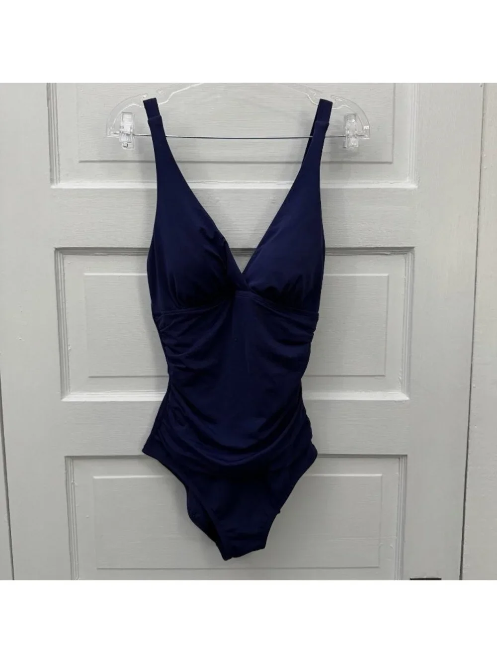Jantzen Womens 10 Navy Tummy Control One Piece Swimsuit Ruched V Neck